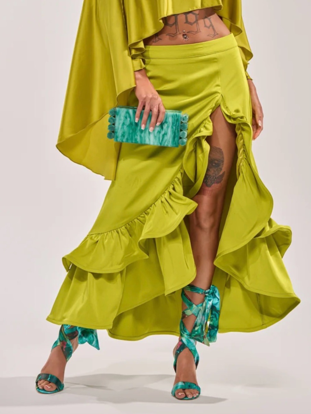 AKIRA Lime Green Ruffled High-Slit Maxi Skirt